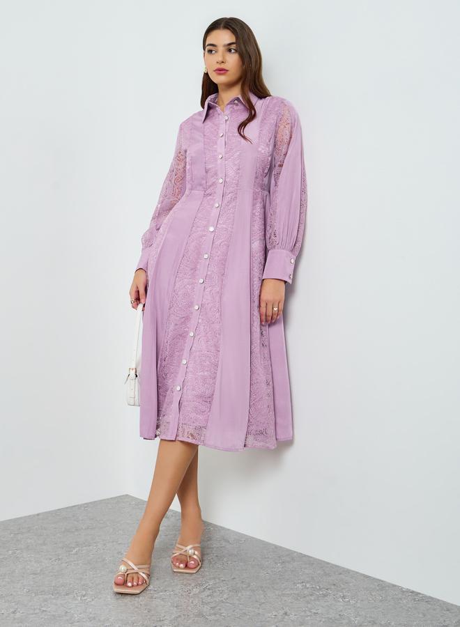 ستايلي فستان ميدي بتصميم قميص وأكمام بأساور للنساء - Image 1